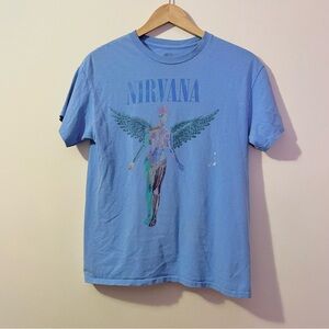 Nirvana Angel Wing Graphic Tee Blue Distressed Grunge Shirt Size M Streetwear